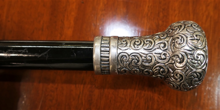 Unusual Antique Bamboo Walking Cane with Knot Knob and Black Walking Cane with Silver Tone Knob - Black Cane Measures 37 Long