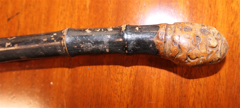 Unusual Antique Bamboo Walking Cane with Knot Knob and Black Walking Cane with Silver Tone Knob - Black Cane Measures 37 Long