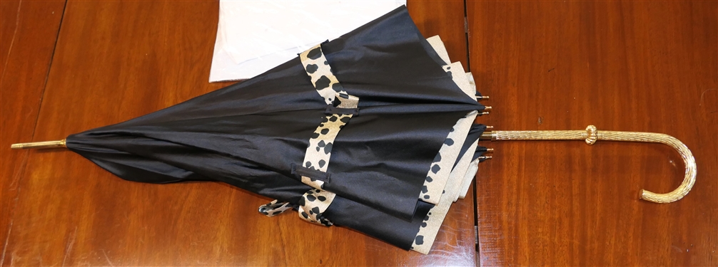 Fine Ladies Umbrella with Gold Tone Handle - Black and Leopard Print Umbrella and Pair of Ladies White Doe Skin Leather Full Length Gloves 