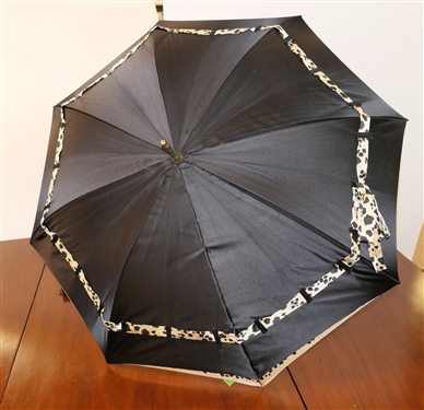 Fine Ladies Umbrella with Gold Tone Handle - Black and Leopard Print Umbrella and Pair of Ladies White Doe Skin Leather Full Length Gloves 