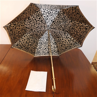 Fine Ladies Umbrella with Gold Tone Handle - Black and Leopard Print Umbrella and Pair of Ladies White Doe Skin Leather Full Length Gloves 