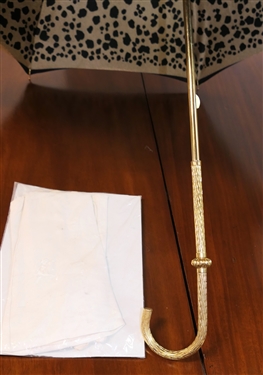 Fine Ladies Umbrella with Gold Tone Handle - Black and Leopard Print Umbrella and Pair of Ladies White Doe Skin Leather Full Length Gloves 