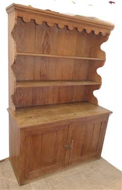 Early 20th Century  Country Pine Hutch - Scalloped Ends and Molding - 2 Piece Construction - Base with Double Blind Doors - Shelves Inside - Hutch Measures 72 1/2 Tall 49 1/2 by 20 1/4