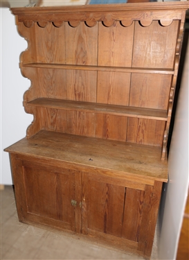 Early 20th Century  Country Pine Hutch - Scalloped Ends and Molding - 2 Piece Construction - Base with Double Blind Doors - Shelves Inside - Hutch Measures 72 1/2 Tall 49 1/2 by 20 1/4