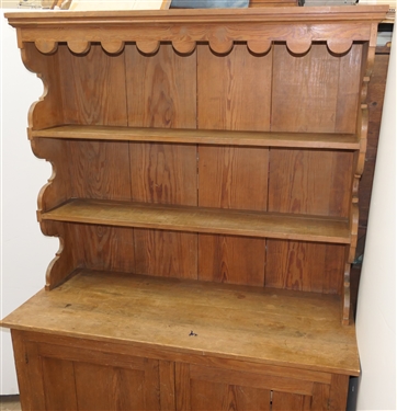 Early 20th Century  Country Pine Hutch - Scalloped Ends and Molding - 2 Piece Construction - Base with Double Blind Doors - Shelves Inside - Hutch Measures 72 1/2 Tall 49 1/2 by 20 1/4