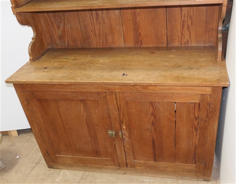 Early 20th Century  Country Pine Hutch - Scalloped Ends and Molding - 2 Piece Construction - Base with Double Blind Doors - Shelves Inside - Hutch Measures 72 1/2 Tall 49 1/2 by 20 1/4