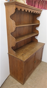 Early 20th Century  Country Pine Hutch - Scalloped Ends and Molding - 2 Piece Construction - Base with Double Blind Doors - Shelves Inside - Hutch Measures 72 1/2 Tall 49 1/2 by 20 1/4