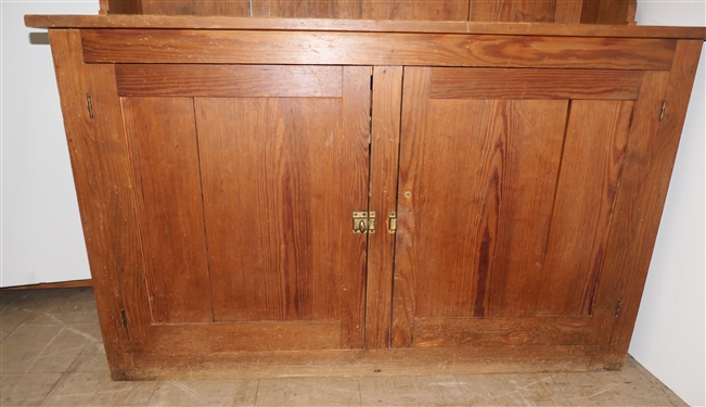 Early 20th Century  Country Pine Hutch - Scalloped Ends and Molding - 2 Piece Construction - Base with Double Blind Doors - Shelves Inside - Hutch Measures 72 1/2 Tall 49 1/2 by 20 1/4