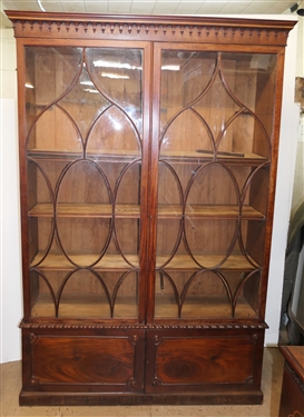 Georgian Mahogany Break Front Display / Book Case Cabinet - Glass Doors at Top With Original Glass - Unusual Crown Molding - Base Cabinet with Double Blind Crotch Mahogany Doors -Wood Shelves...
