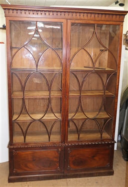 Georgian Mahogany Break Front Display / Book Case Cabinet - Glass Doors at Top With Original Glass - Unusual Crown Molding - Base Cabinet with Double Blind Crotch Mahogany Doors -Wood Shelves...