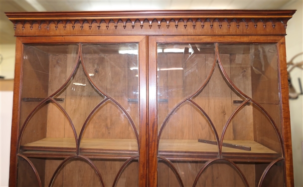 Georgian Mahogany Break Front Display / Book Case Cabinet - Glass Doors at Top With Original Glass - Unusual Crown Molding - Base Cabinet with Double Blind Crotch Mahogany Doors -Wood Shelves...