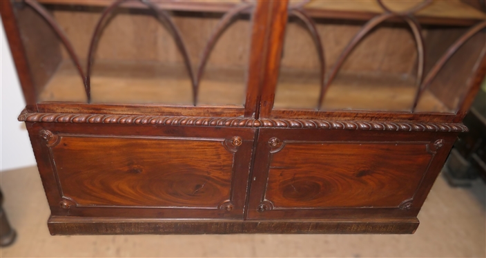 Georgian Mahogany Break Front Display / Book Case Cabinet - Glass Doors at Top With Original Glass - Unusual Crown Molding - Base Cabinet with Double Blind Crotch Mahogany Doors -Wood Shelves...