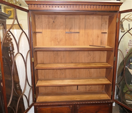 Georgian Mahogany Break Front Display / Book Case Cabinet - Glass Doors at Top With Original Glass - Unusual Crown Molding - Base Cabinet with Double Blind Crotch Mahogany Doors -Wood Shelves...