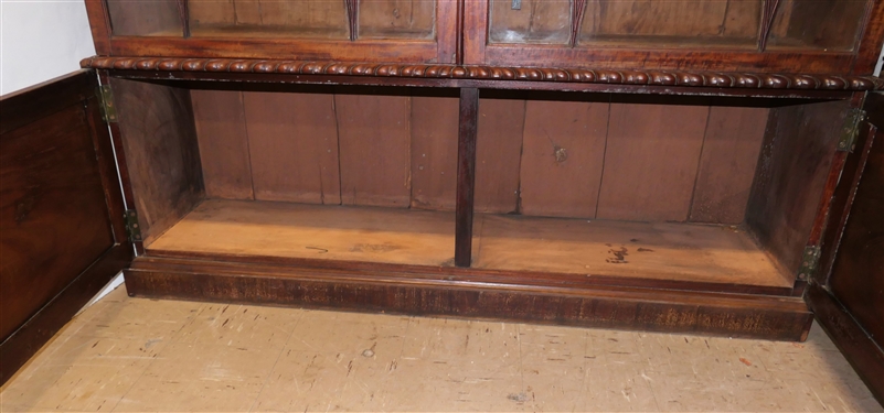 Georgian Mahogany Break Front Display / Book Case Cabinet - Glass Doors at Top With Original Glass - Unusual Crown Molding - Base Cabinet with Double Blind Crotch Mahogany Doors -Wood Shelves...