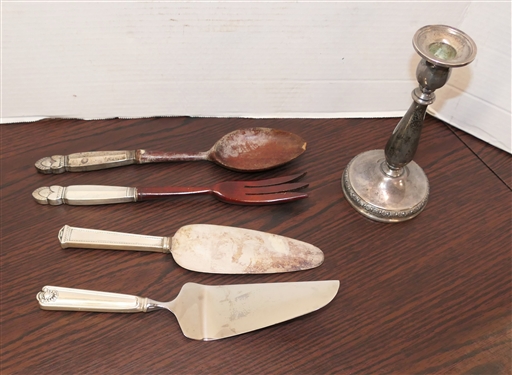 International Prelude Sterling Silver Weighted 7 Candle Stick and 4 Sterling Silver Handled Serving Pieces -  Towle Cake Knife, Whiting Princess Ingrid Wooden Salad Set, and Other Sterling...