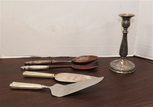 International Prelude Sterling Silver Weighted 7 Candle Stick and 4 Sterling Silver Handled Serving Pieces -  Towle Cake Knife, Whiting Princess Ingrid Wooden Salad Set, and Other Sterling...