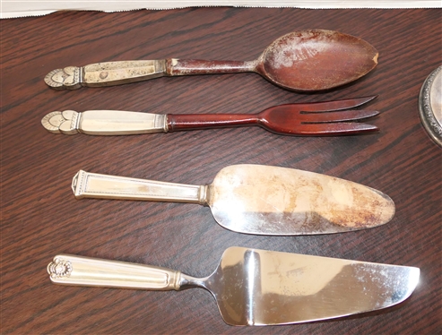 International Prelude Sterling Silver Weighted 7 Candle Stick and 4 Sterling Silver Handled Serving Pieces -  Towle Cake Knife, Whiting Princess Ingrid Wooden Salad Set, and Other Sterling...