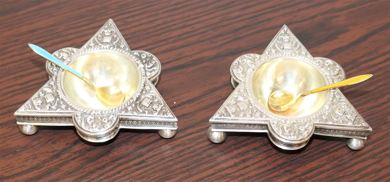 Pair of Outstanding 19th Century British Sterling Silver Repousse Salt Cellars - Lions Heads and Animals, Ball Feet - Gold Wash Bowls with Gold Wash Enamel Salt Spoons - British Hallmarked - 120.6...