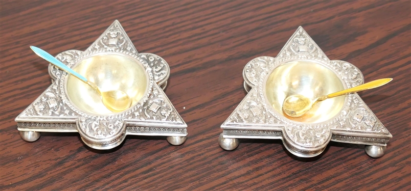 Pair of Outstanding 19th Century British Sterling Silver Repousse Salt Cellars - Lions Heads and Animals, Ball Feet - Gold Wash Bowls with Gold Wash Enamel Salt Spoons - British Hallmarked - 120.6...