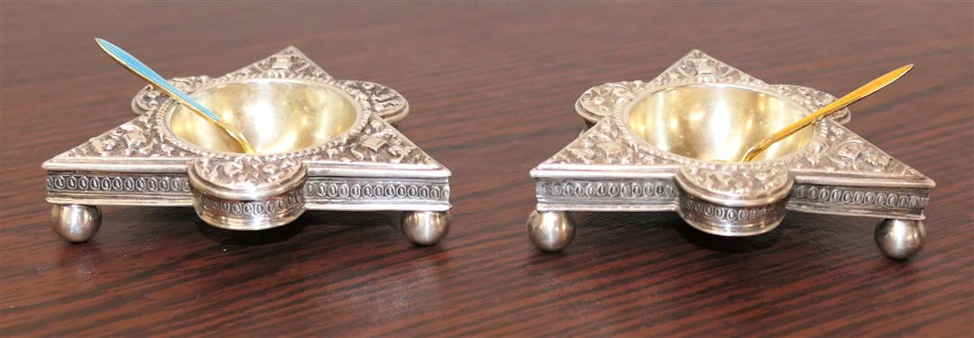 Pair of Outstanding 19th Century British Sterling Silver Repousse Salt Cellars - Lions Heads and Animals, Ball Feet - Gold Wash Bowls with Gold Wash Enamel Salt Spoons - British Hallmarked - 120.6...