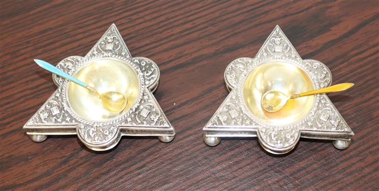 Pair of Outstanding 19th Century British Sterling Silver Repousse Salt Cellars - Lions Heads and Animals, Ball Feet - Gold Wash Bowls with Gold Wash Enamel Salt Spoons - British Hallmarked - 120.6...