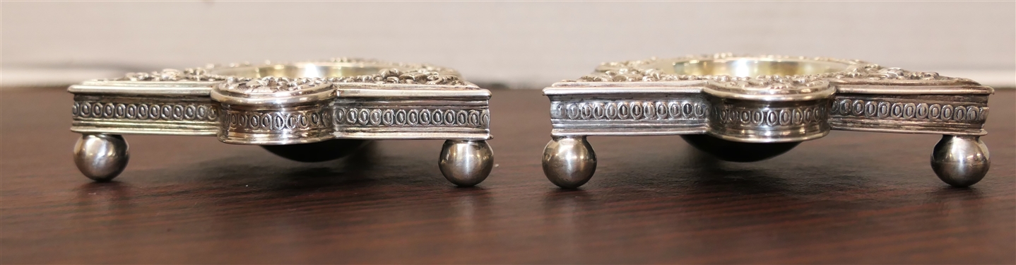 Pair of Outstanding 19th Century British Sterling Silver Repousse Salt Cellars - Lions Heads and Animals, Ball Feet - Gold Wash Bowls with Gold Wash Enamel Salt Spoons - British Hallmarked - 120.6...