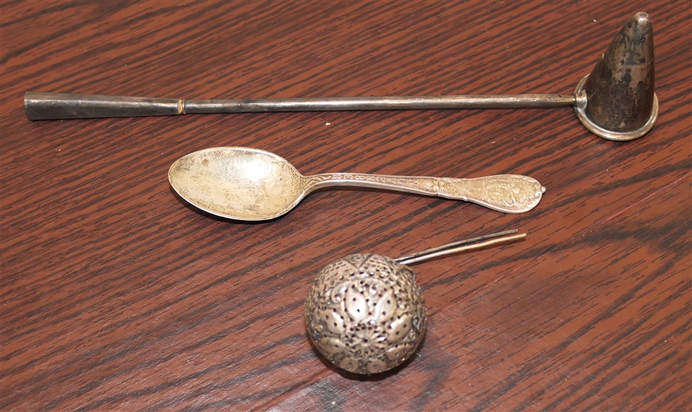Sterling Silver Group Including Sterling Silver Candle Snuff, Sterling Silver November Sagittarius Spoon, and Unusual Reticulated Basket with Attached Hair Pin - Total Weight 102 Grams