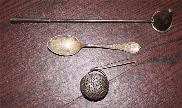 Sterling Silver Group Including Sterling Silver Candle Snuff, Sterling Silver November Sagittarius Spoon, and Unusual Reticulated Basket with Attached Hair Pin - Total Weight 102 Grams