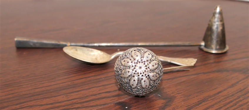 Sterling Silver Group Including Sterling Silver Candle Snuff, Sterling Silver November Sagittarius Spoon, and Unusual Reticulated Basket with Attached Hair Pin - Total Weight 102 Grams
