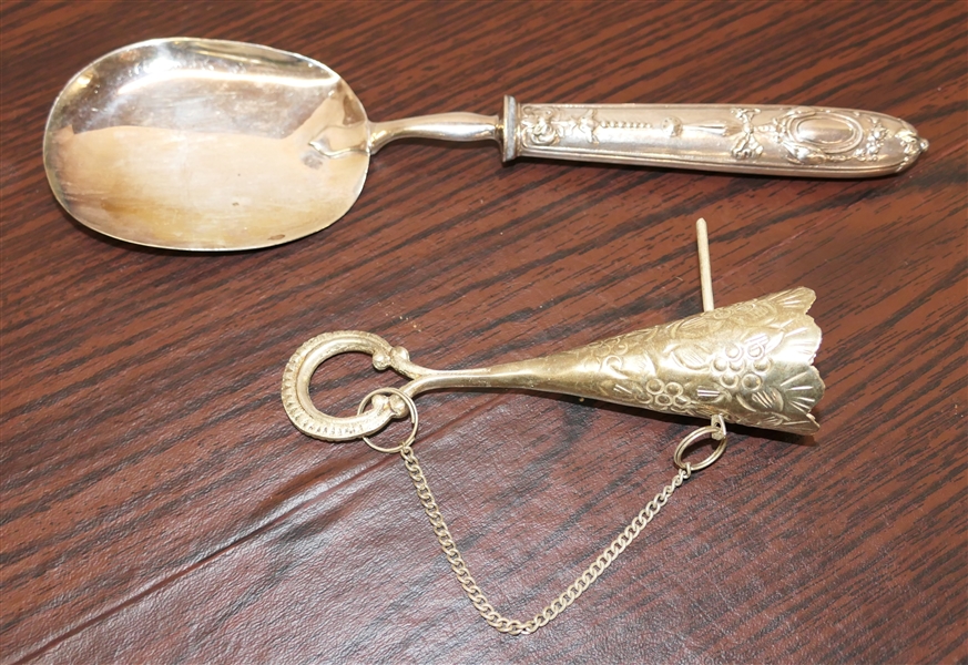 Awesome Serving Spoon with Game Animals Embossed on Handle -Rabbit and Game Birds and Victorian Style "Tussie Mussie" Bouquet Holder - Serving Spoon Measures 9 1/2" Long