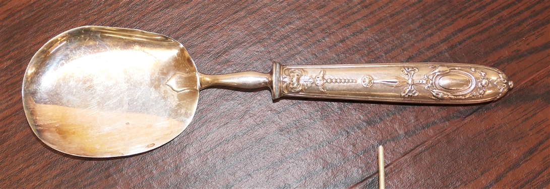 Awesome Serving Spoon with Game Animals Embossed on Handle -Rabbit and Game Birds and Victorian Style Tussie Mussie Bouquet Holder - Serving Spoon Measures 9 1/2 Long