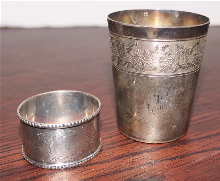 Hallmarked Sterling Silver Small Cup Hand Chased with Thistle and Leaves - Monogrammed and Hand Chased Silver Napkin Ring - Monogrammed - 94.8 Grams Total Weight