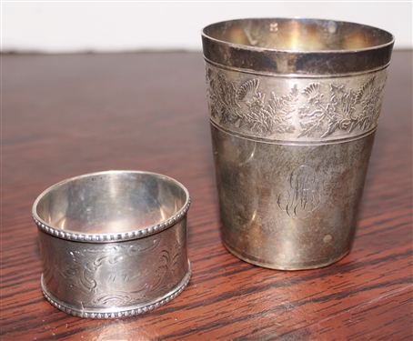 Hallmarked Sterling Silver Small Cup Hand Chased with Thistle and Leaves - Monogrammed and Hand Chased Silver Napkin Ring - Monogrammed - 94.8 Grams Total Weight