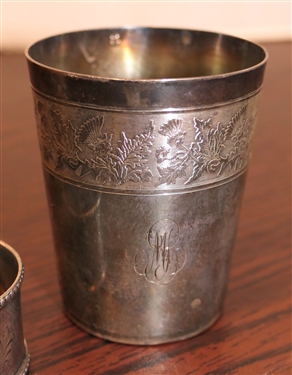 Hallmarked Sterling Silver Small Cup Hand Chased with Thistle and Leaves - Monogrammed and Hand Chased Silver Napkin Ring - Monogrammed - 94.8 Grams Total Weight