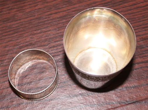 Hallmarked Sterling Silver Small Cup Hand Chased with Thistle and Leaves - Monogrammed and Hand Chased Silver Napkin Ring - Monogrammed - 94.8 Grams Total Weight