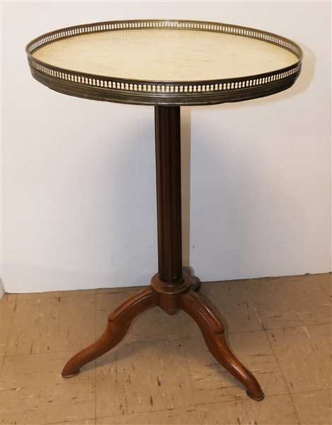 Marble Top Brass Occasional Table - Pierced Brass Gallery - Table Measures 30" tall 19 1/2" Across - Some Areas Dented