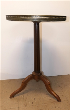Marble Top Brass Occasional Table - Pierced Brass Gallery - Table Measures 30 tall 19 1/2 Across - Some Areas Dented