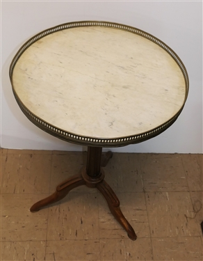Marble Top Brass Occasional Table - Pierced Brass Gallery - Table Measures 30 tall 19 1/2 Across - Some Areas Dented