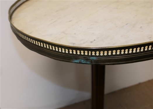 Marble Top Brass Occasional Table - Pierced Brass Gallery - Table Measures 30 tall 19 1/2 Across - Some Areas Dented