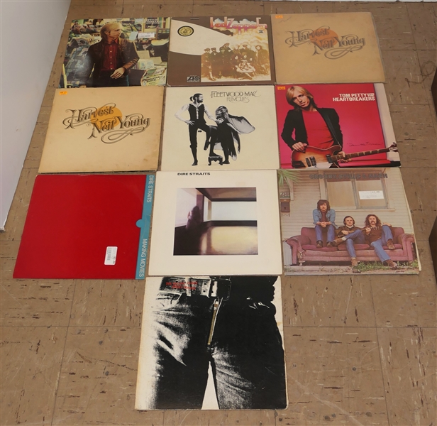 Lot of Rock and Roll Albums including Tom Petty, Led Zeppelin, Neil Young, Fleetwood Mac, Dire Straits, 1971 Rolling Stones "Zipper" Album, and Crosby, Stills, and Nash 