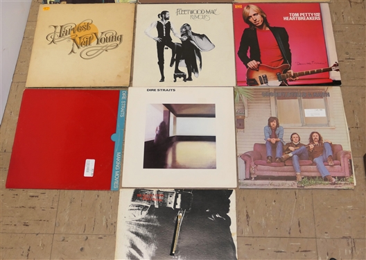 Lot of Rock and Roll Albums including Tom Petty, Led Zeppelin, Neil Young, Fleetwood Mac, Dire Straits, 1971 Rolling Stones Zipper Album, and Crosby, Stills, and Nash 