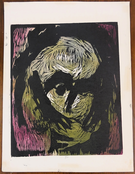 "Head" 1963 Dated Wood Block Print Numbered 9/16 by North Carolina Artist Norbert Irvine (1937-2015) - Art Measures 17 1/2" by 13 1/2" 