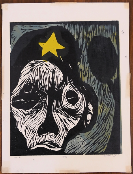 "Bert" 1963 Dated Wood Block Print Numbered 19/23 by North Carolina Artist Norbert Irvine (1937 - 2015) - Art Measures 17 3/4" by 13 1/2"