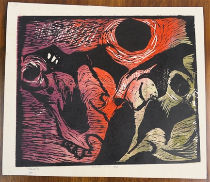 Skullo Artist Proof Wood Block Print by North Carolina Artist Norbert Irvine - Artist Proof #4 - Unsigned - Art Measures 13 1/4 by 15 1/2 - Norbert Irvine (1937 - 2015)