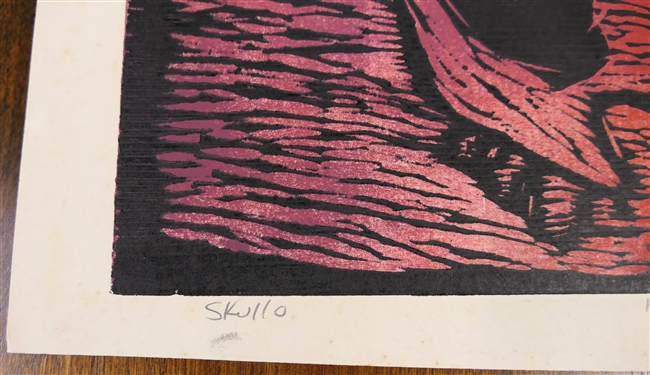 Skullo Artist Proof Wood Block Print by North Carolina Artist Norbert Irvine - Artist Proof #4 - Unsigned - Art Measures 13 1/4 by 15 1/2 - Norbert Irvine (1937 - 2015)