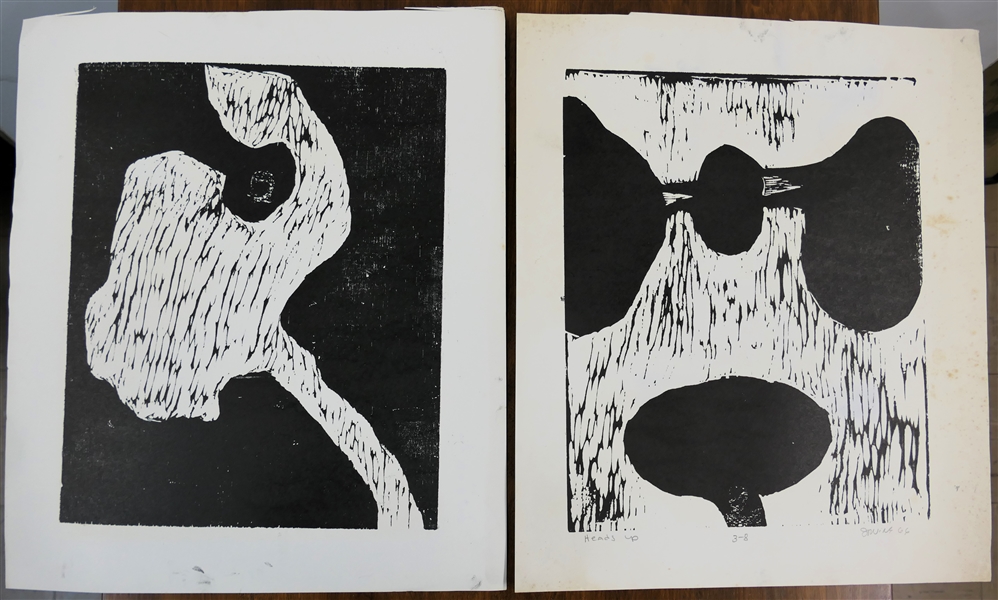 2 - 1960s Wood Block Prints by North Carolina Artist Norbert Irvine - "Heads Up" Number 3-8 Dated 1966 and Other Unsigned Print - "Heads Up" Measures 18 3/4" by 15" - Norbert Irvine (1937 - 2015)