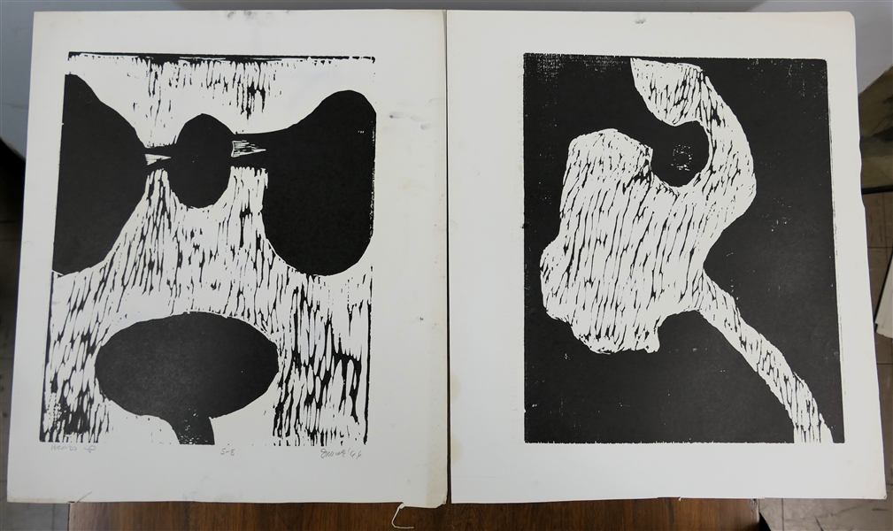 2 1960s Wood Block Prints by North Carolina Artist Norbert Irvine (1937 - 2015) - "Heads Up" Number 5 - 8 Dated 1966 and Unsigned Wood Block - Signed Art Measures 17 1/2" by 15 1/2"