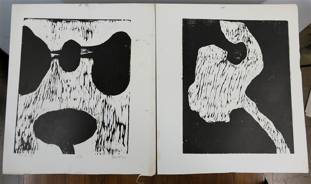 2 1960's Wood Block Prints by North Carolina Artist Norbert Irvine (1937 - 2015) - Heads Up Number 5 - 8 Dated 1966 and Unsigned Wood Block - Signed Art Measures 17 1/2 by 15 1/2