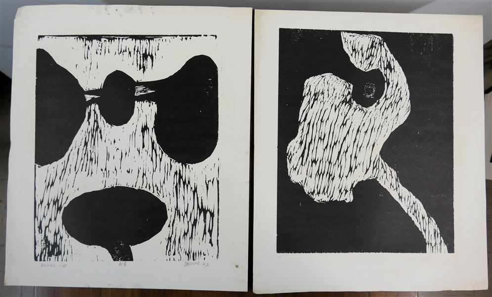 2 1960s Wood Block Prints by North Carolina Artist Norbert Irvine (1937 - 2015) - "Heads Up" Number 6 - 8 Dated 1966 and Unsigned Wood Block - Signed Art Measures 17 1/2" by 15 1/2"