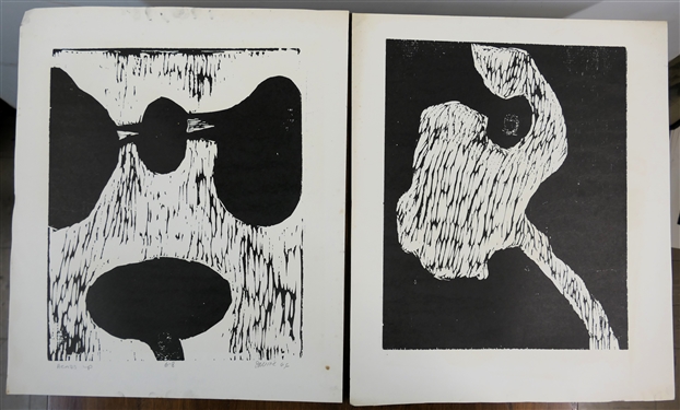 2 1960's Wood Block Prints by North Carolina Artist Norbert Irvine (1937 - 2015) - Heads Up Number 6 - 8 Dated 1966 and Unsigned Wood Block - Signed Art Measures 17 1/2 by 15 1/2